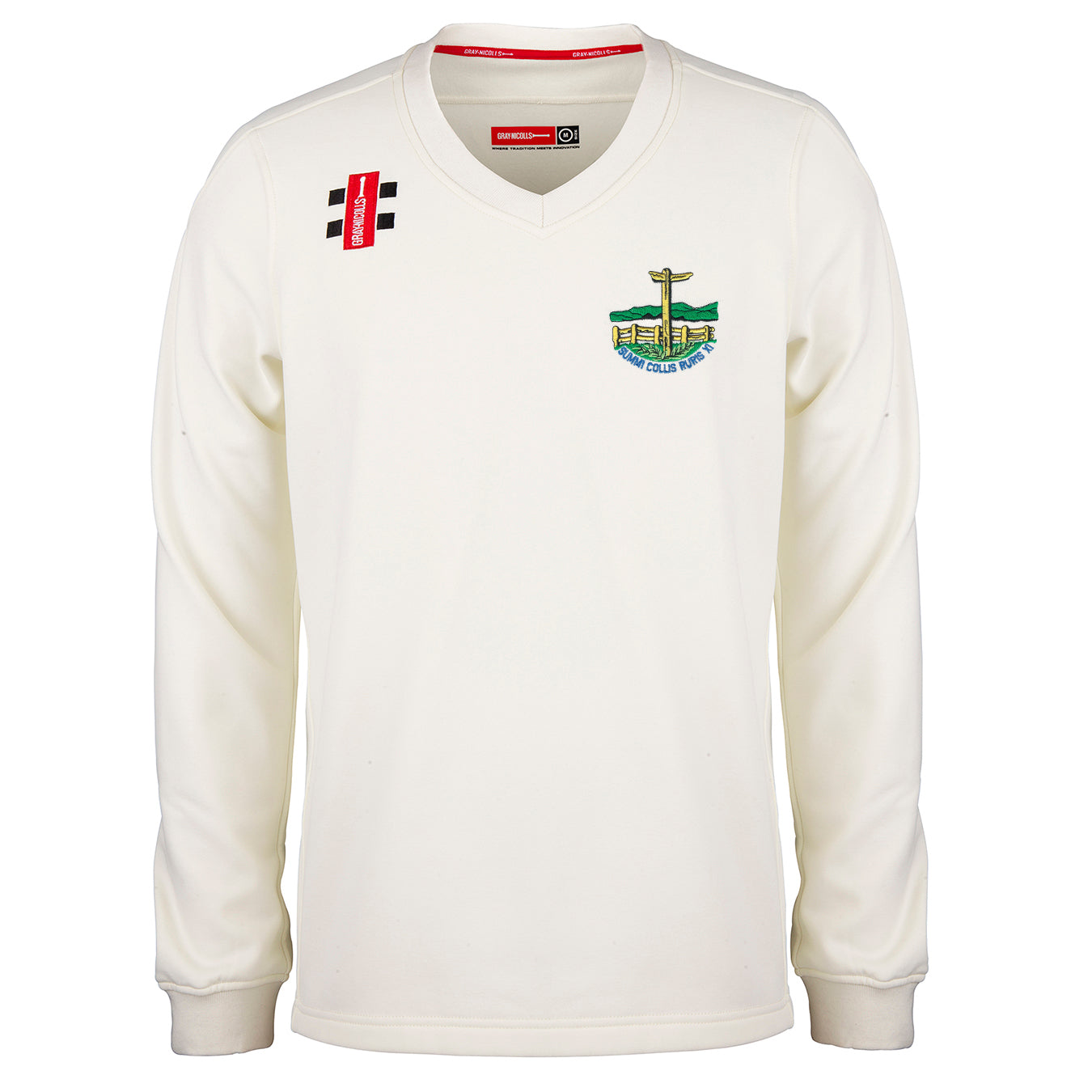 The Gray Nicolls Penydarren Country XI CC Pro Performance Sweater is a white, long-sleeved V-neck with the club badge on the left chest and two small black stripes on a red patch on the right shoulder.