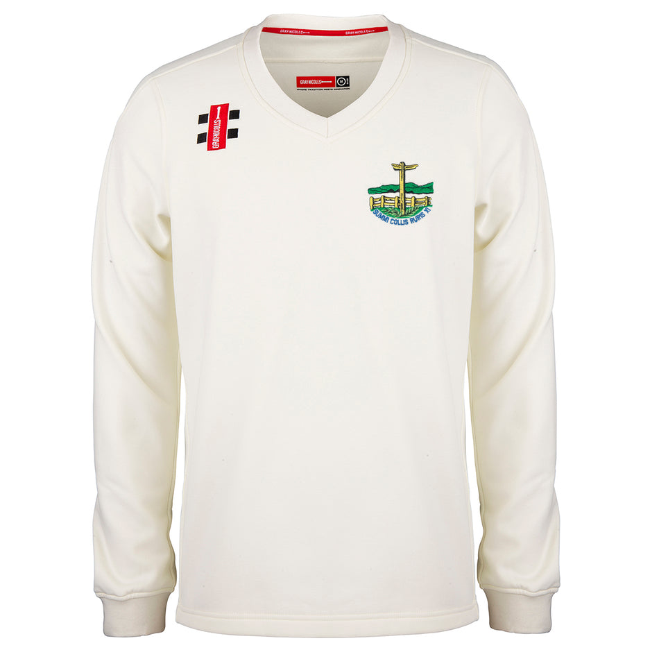 The Gray Nicolls Penydarren Country XI CC Pro Performance Sweater is a white, long-sleeved V-neck with the club badge on the left chest and two small black stripes on a red patch on the right shoulder.