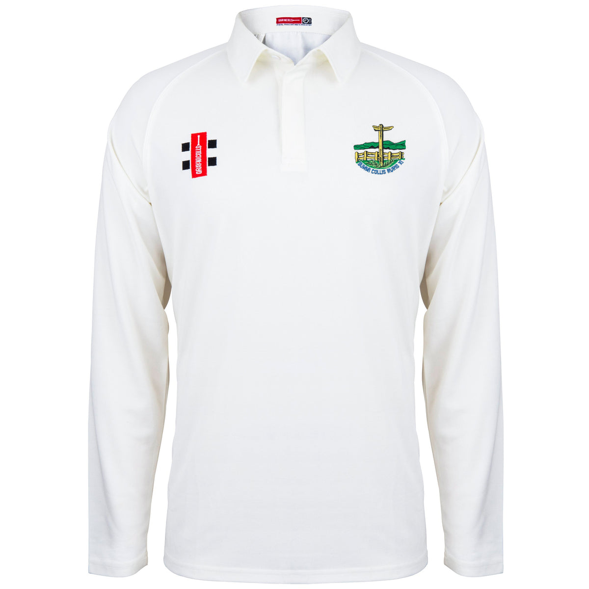 The Gray Nicolls Penydarren Country XI CC Matrix V2 L/S Match Shirt in white has a collar, a red and black right chest logo, and the club's green, yellow, and blue embroidered crest on the left chest.