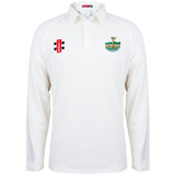 The Gray Nicolls Penydarren Country XI CC Matrix V2 L/S Match Shirt in white has a collar, a red and black right chest logo, and the club's green, yellow, and blue embroidered crest on the left chest.
