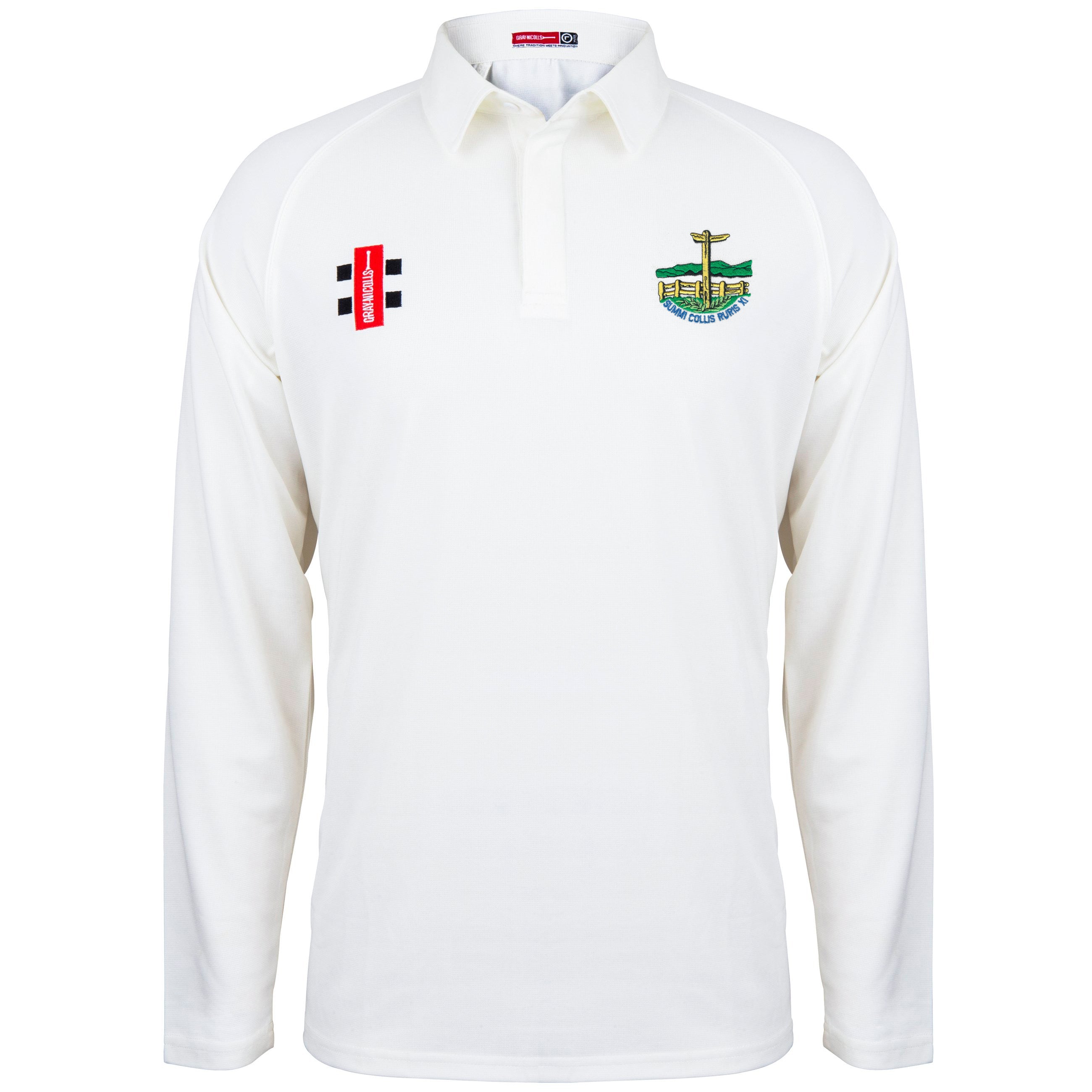 The Gray Nicolls Penydarren Country XI CC Matrix V2 L/S Match Shirt in white has a collar, a red and black right chest logo, and the club's green, yellow, and blue embroidered crest on the left chest.