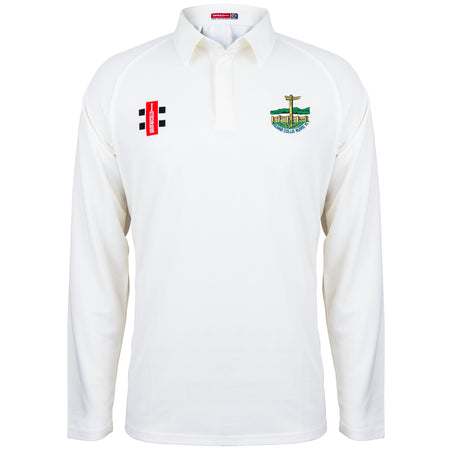 The Gray Nicolls Penydarren Country XI CC Matrix V2 L/S Match Shirt in white has a collar, a red and black right chest logo, and the club's green, yellow, and blue embroidered crest on the left chest.