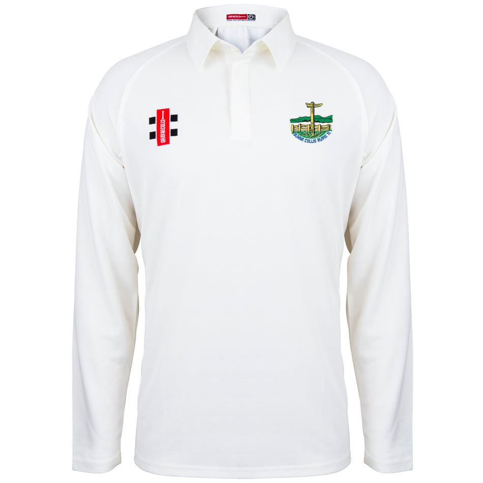 The Gray Nicolls Penydarren Country XI CC Matrix V2 L/S Match Shirt in white has a collar, a red and black right chest logo, and the club's green, yellow, and blue embroidered crest on the left chest.