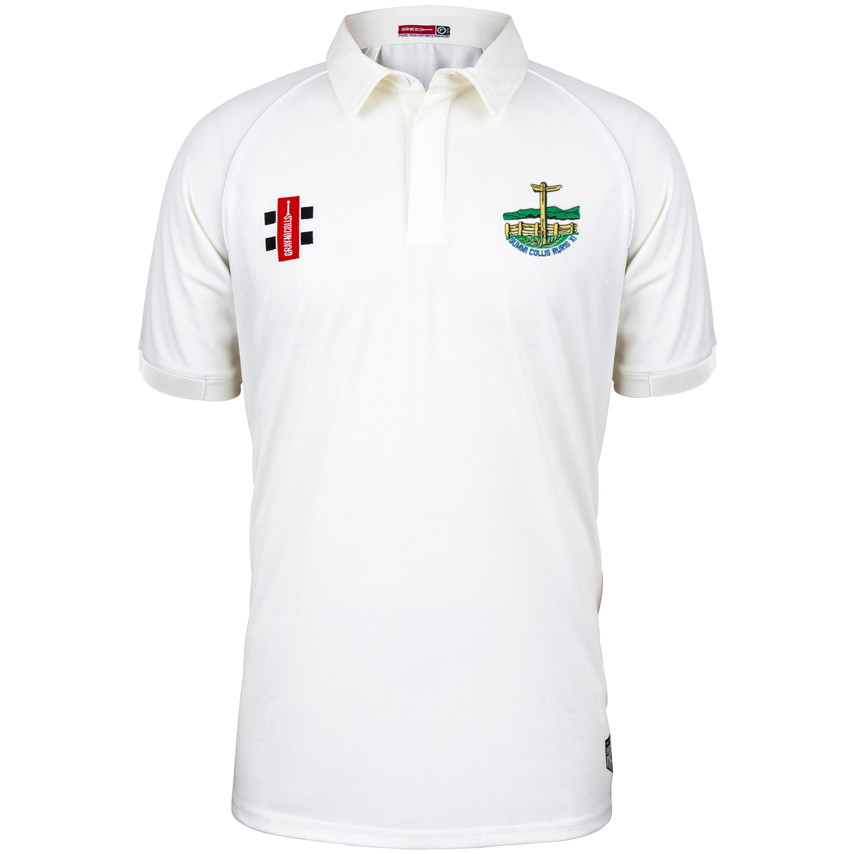 The Gray Nicolls Penydarren Country XI CC Matrix V2 S/S Match Shirt is a white, moisture-wicking cricket shirt with a collar, featuring red and green/yellow embroidered chest logos, including the Penydarren Country XI crest.