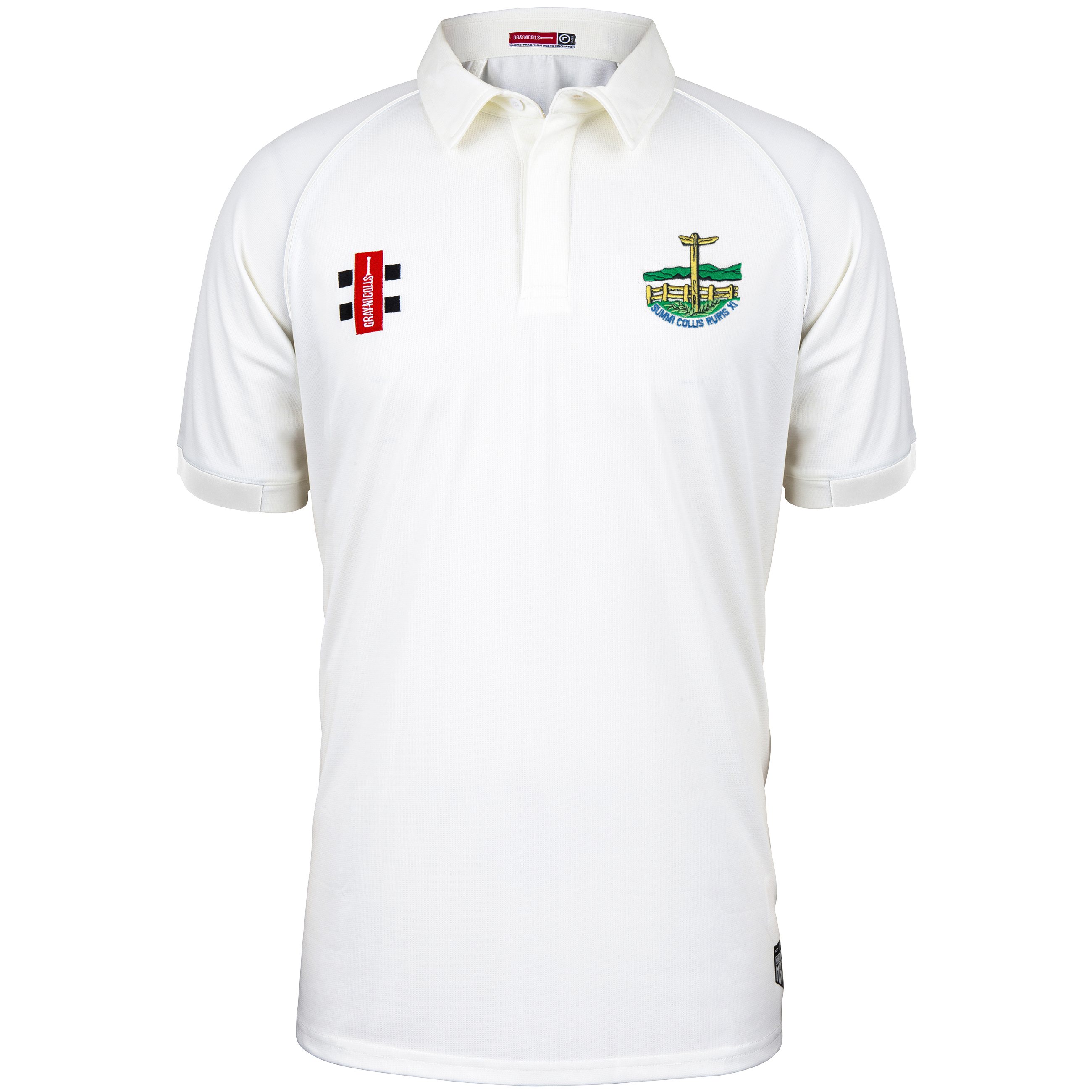 The Gray Nicolls Penydarren Country XI CC Matrix V2 S/S Match Shirt is a white, moisture-wicking cricket shirt with a collar, featuring red and green/yellow embroidered chest logos, including the Penydarren Country XI crest.