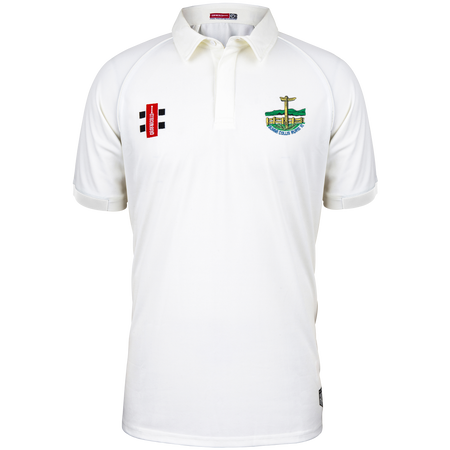 The Gray Nicolls Penydarren Country XI CC Matrix V2 S/S Match Shirt is a white, moisture-wicking cricket shirt with a collar, featuring red and green/yellow embroidered chest logos, including the Penydarren Country XI crest.