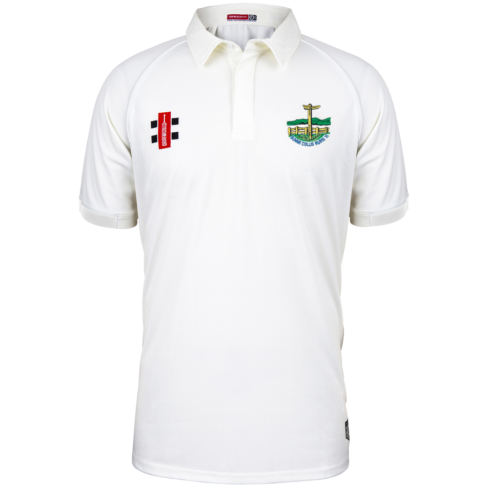 The Gray Nicolls Penydarren Country XI CC Matrix V2 S/S Match Shirt is a white, moisture-wicking cricket shirt with a collar, featuring red and green/yellow embroidered chest logos, including the Penydarren Country XI crest.