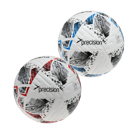 The Precision Training Fusion+ FIFA Basic Training Balls feature white designs with black, gray, and silver geometric patterns—one detailed in red, the other in blue. Both display "precision" branding and are built for durable, consistent soccer performance.