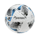 The Precision Fusion+ FIFA Basic Training Ball by Precision Training is a durable soccer ball with black, grey, and blue graphics and "precision" printed on one panel—perfect for training at any level.