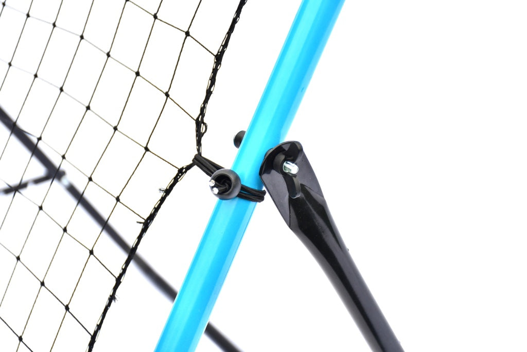Close-up of the PrecisionPLAY Adjustable Rebounder by Precision Training, featuring a high-tension net on a light blue metal frame with black plastic clip and support rod, designed for adjustable football training, shown against a white background.