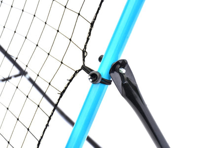 Close-up of the PrecisionPLAY Adjustable Rebounder by Precision Training, featuring a high-tension net on a light blue metal frame with black plastic clip and support rod, designed for adjustable football training, shown against a white background.