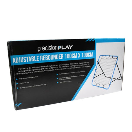 A box for the PrecisionPLAY Adjustable Rebounder by Precision Training, displaying product info and an image of this football training tool with a high-tension net and blue trim on the right.