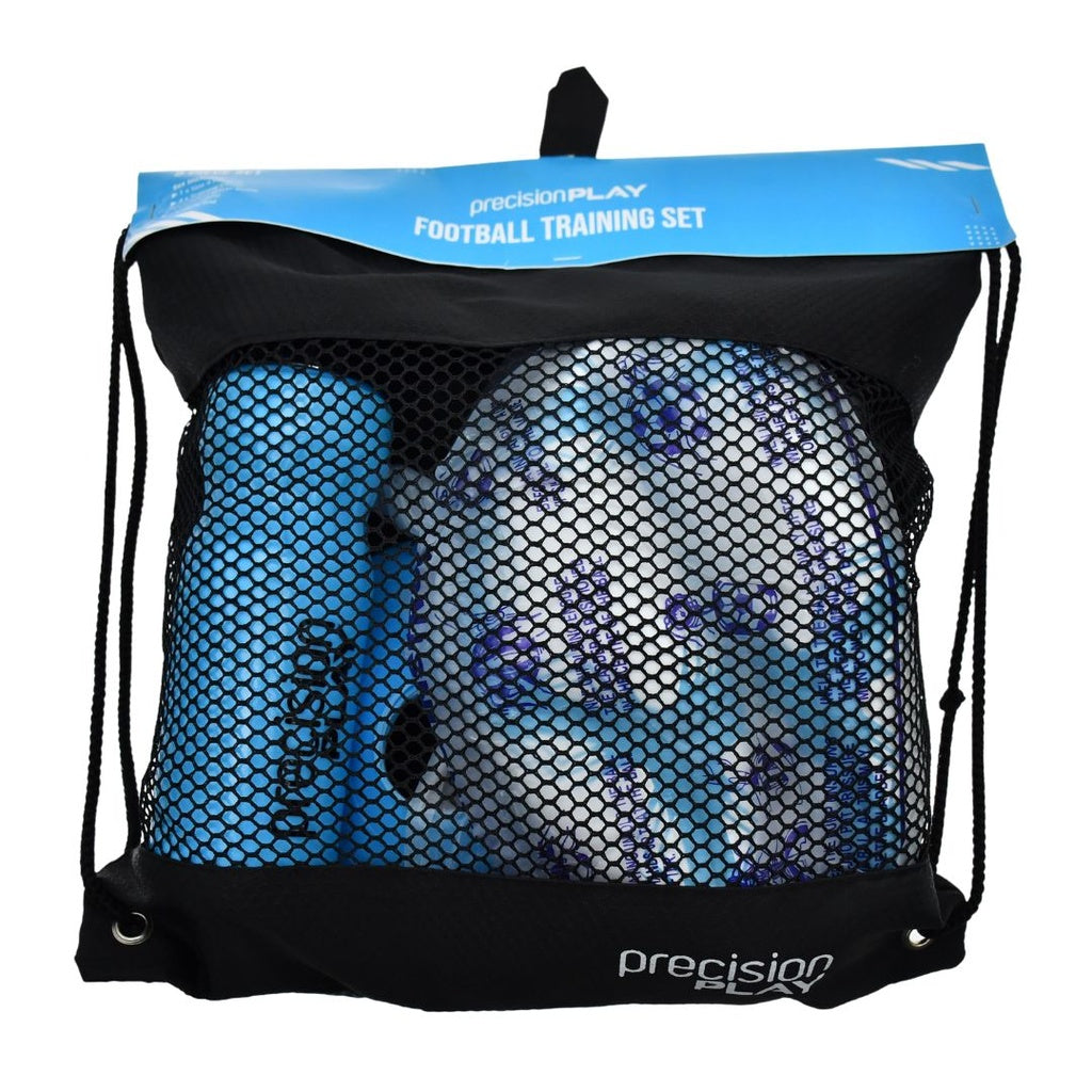 The Precision Training PrecisionPLAY Football Training Set includes a blue water bottle and a blue football with dark blue patterns in a black mesh drawstring bag—ideal for skill practice or as a great football gift.
