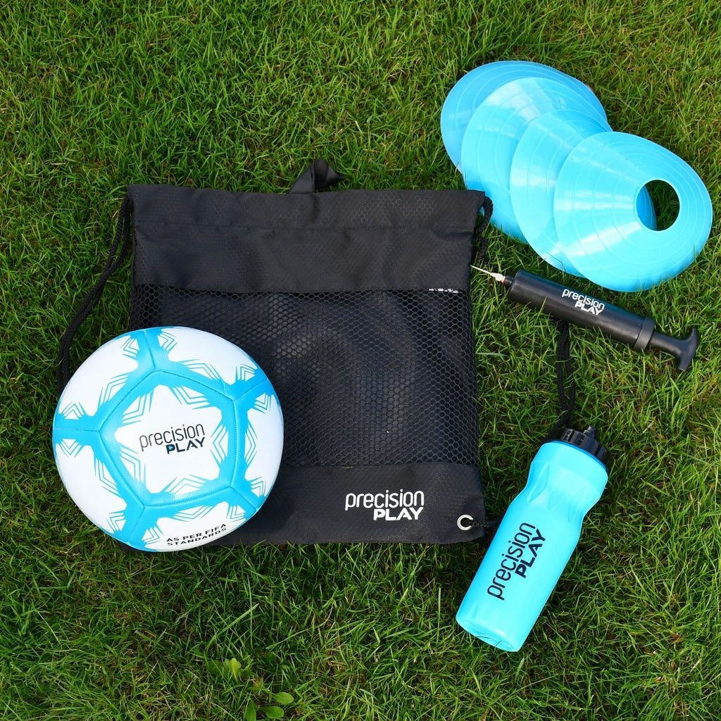 The Precision Training PrecisionPLAY Football Training Set includes a branded soccer ball, mesh bag, water bottle, blue cones, and hand pump—neatly arranged for football skill-building. It's an ideal football gift for training on grass.
