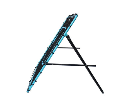 Side view of the Precision Training PrecisionPLAY Mega Rebounder in black and blue, featuring a sturdy metal frame and support legs, set at an angle on a plain white background—perfect for football training drills or rebound net practice.