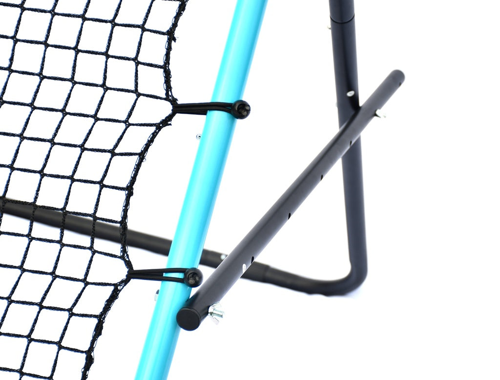 Close-up of the PrecisionPLAY Mega Rebounder by Precision Training: a metal frame with black rebound net, attached by plastic ties to blue and black poles joined with bolts. Perfect football training equipment, shown against a white background.