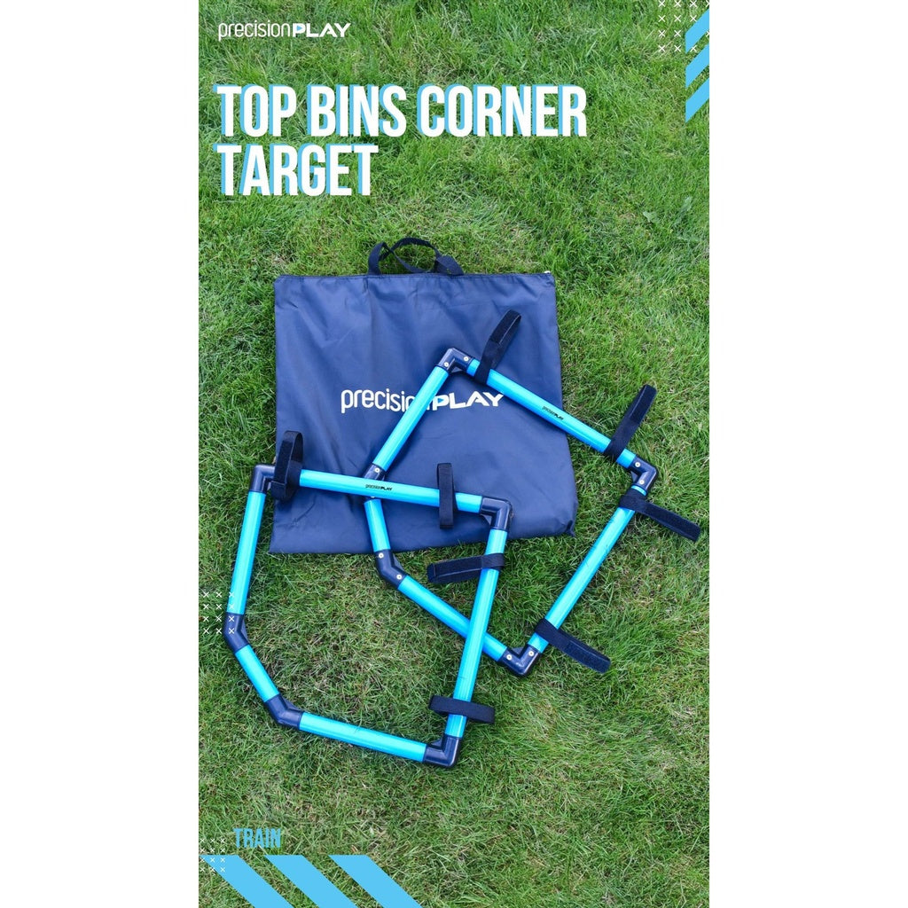 The Precision Training PrecisionPLAY Top Bins Corner Target set in blue and black is designed for shooting accuracy and goal training. Includes carrying bag, shown on green grass, with "Top Bins Corner Target" text at the top.
