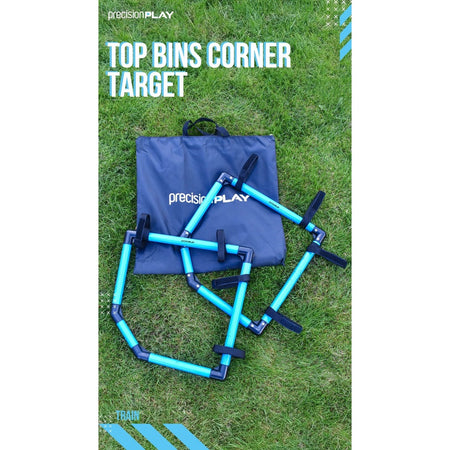 The Precision Training PrecisionPLAY Top Bins Corner Target set in blue and black is designed for shooting accuracy and goal training. Includes carrying bag, shown on green grass, with "Top Bins Corner Target" text at the top.