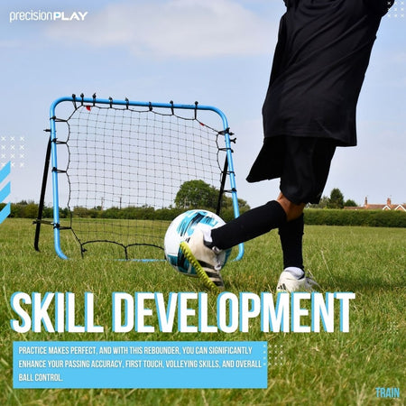 A player kicks a soccer ball toward the Precision Training PrecisionPLAY Adjustable Rebounder on grass, highlighting skill development in passing, first touch, volleying, and ball control with this versatile training tool.