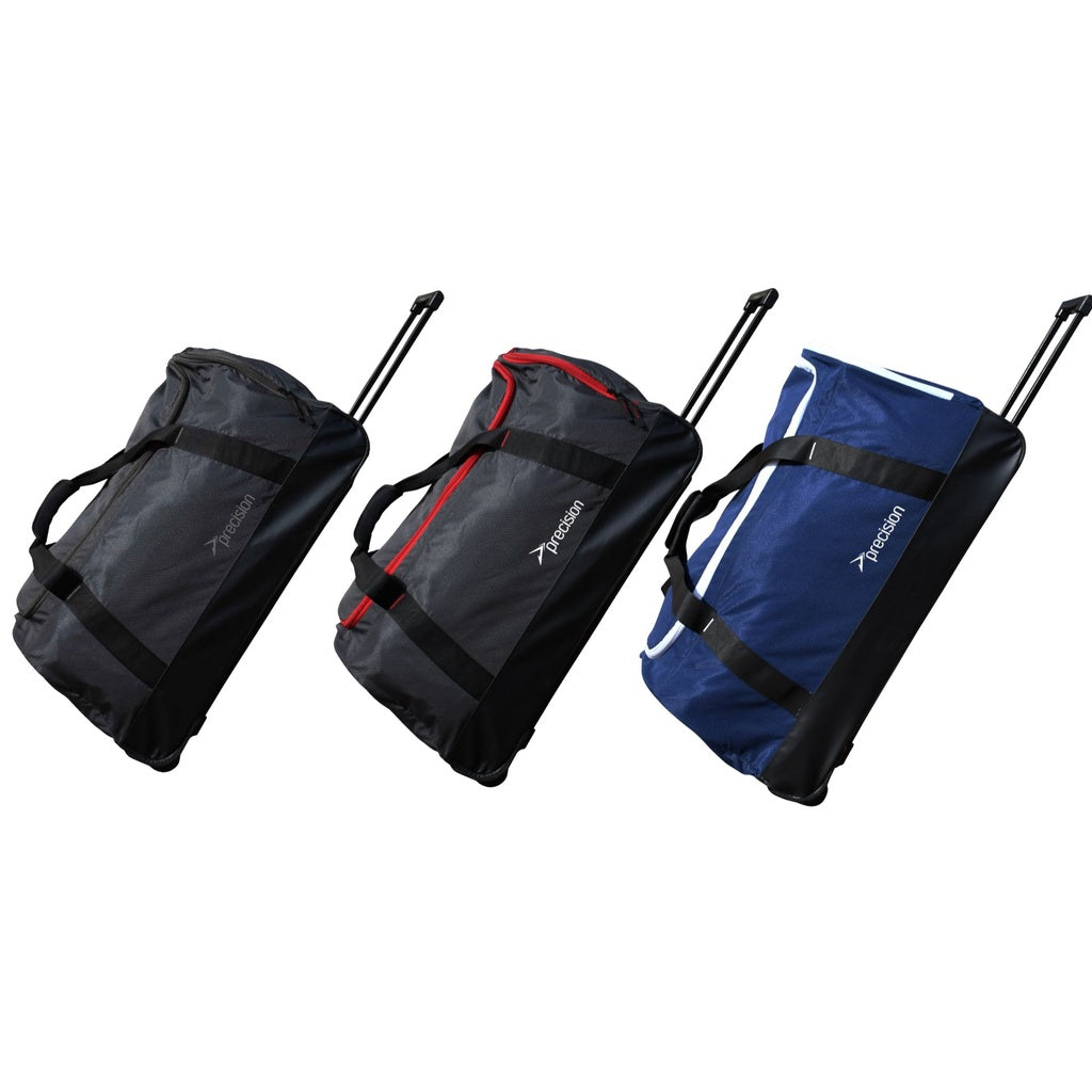 The Precision Pro HX Team Trolley Holdall Bags by Precision Training, in black, black with red trim, and blue with black trim, are large-capacity sports bags with black handles, shown side by side on a white background.