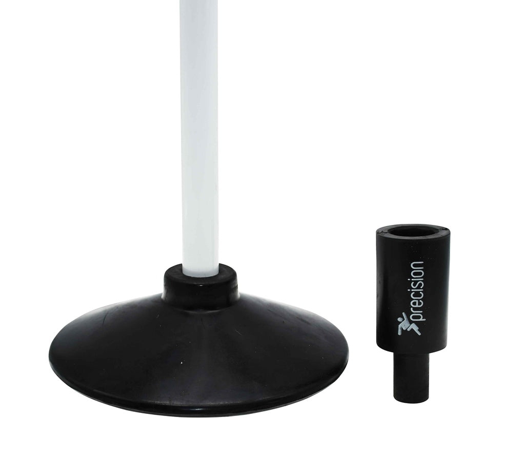 A close-up of the Precision Training Rubber Corner & Boundary Pole Base in black, featuring a white pole inserted, alongside a separate black Precision-branded adapter, both displayed on a white background.