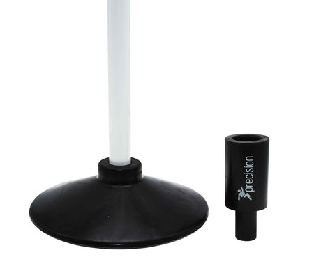 A close-up of the Precision Training Rubber Corner & Boundary Pole Base in black, featuring a white pole inserted, alongside a separate black Precision-branded adapter, both displayed on a white background.