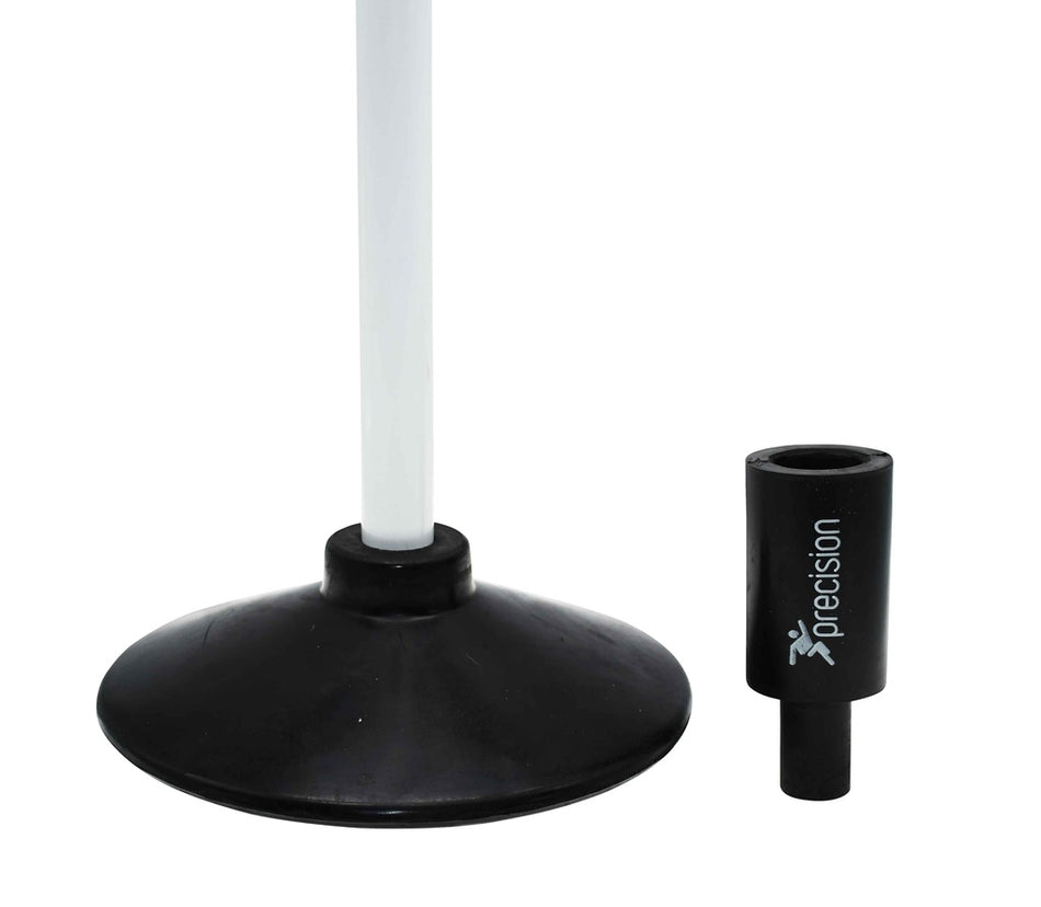 A close-up of the Precision Training Rubber Corner & Boundary Pole Base in black, featuring a white pole inserted, alongside a separate black Precision-branded adapter, both displayed on a white background.