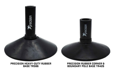 Two black rubber bases are shown. On the left is a weighted rubber base labeled PRECISION HEAVY-DUTY RUBBER BASE TR586; on the right is a Precision Training Rubber Corner & Boundary Pole Base, both featuring Precision branding.