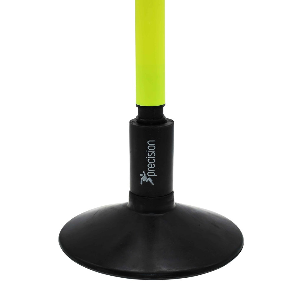Close-up of the Precision Training Rubber Corner & Boundary Pole Base, featuring a weighted rubber base with "precision" and running figure logo. The neon yellow pole stands out for stability during drills.