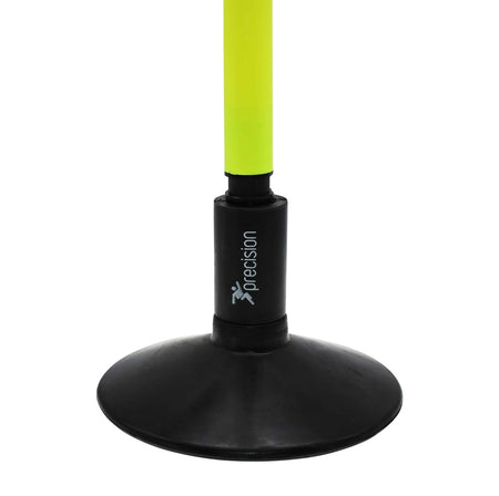 Close-up of the Precision Training Rubber Corner & Boundary Pole Base, featuring a weighted rubber base with "precision" and running figure logo. The neon yellow pole stands out for stability during drills.