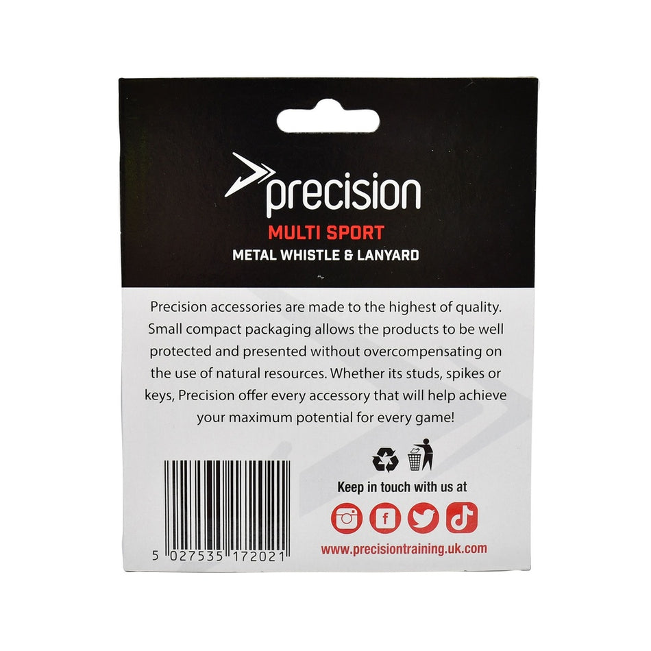 Back packaging of a Precision Training Metal Whistle & Lanyard (Single) emphasizes quality and eco-friendly packaging. Features social media icons, website, and a black, white, and red design.