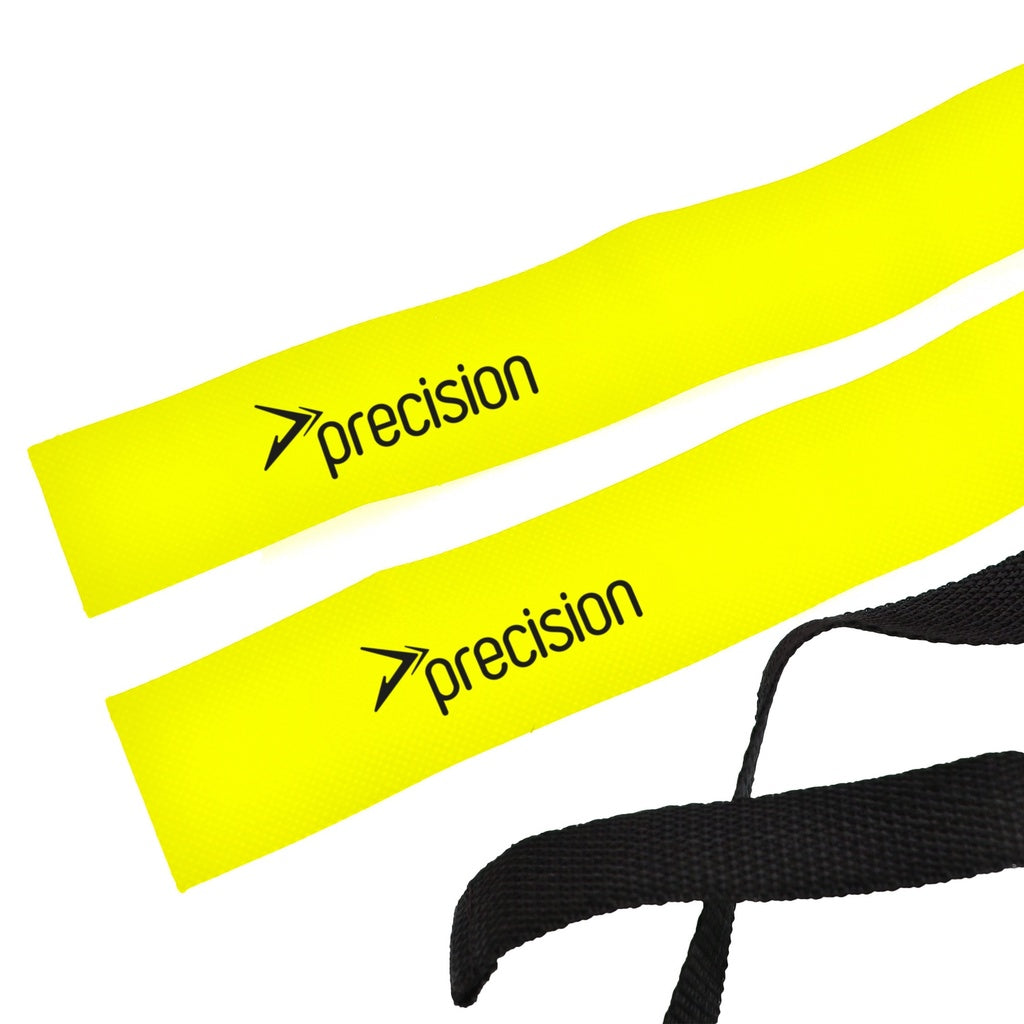 Two yellow Precision Rugby Tag Belt bands by Precision Training, each featuring "precision" and a black arrow logo—perfect as a mini rugby training aid. A black adjustable belt strap is partially visible in the lower right.
