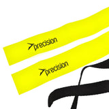 Two yellow Precision Rugby Tag Belt bands by Precision Training, each featuring "precision" and a black arrow logo—perfect as a mini rugby training aid. A black adjustable belt strap is partially visible in the lower right.