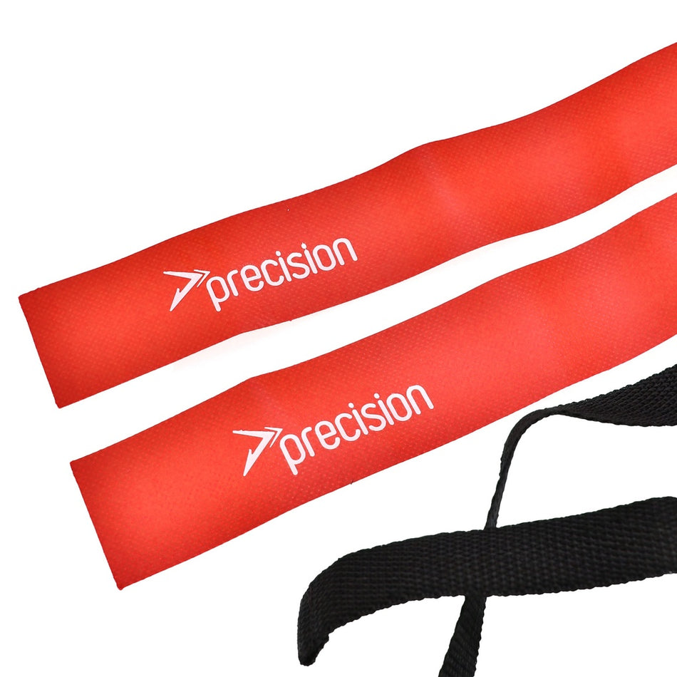 Two red Precision Rugby Tag Belts by Precision Training, each featuring white branding and partially covering an adjustable belt, serve as ideal mini-rugby training aids. Displayed on a white background.