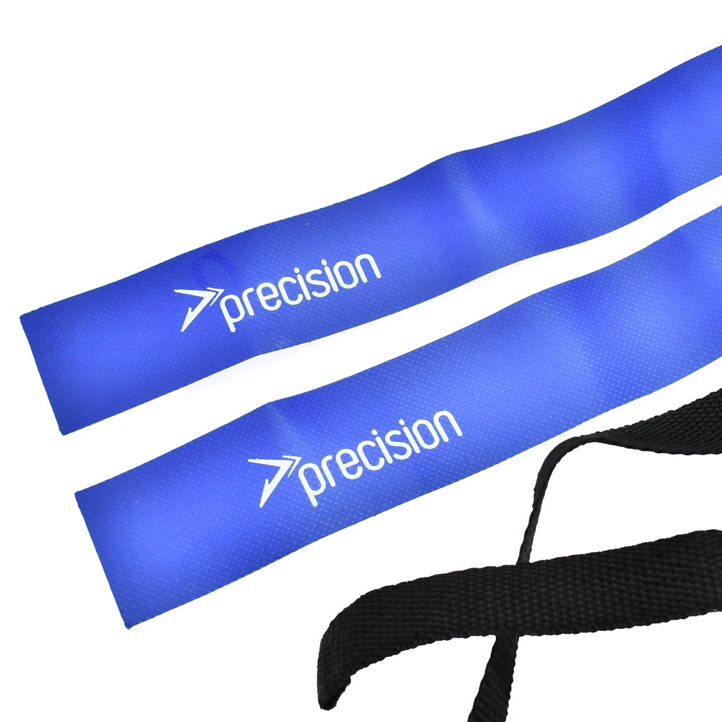 Two blue Precision Rugby Tag Belt foam covers with white branding and arrow logo, plus a black adjustable belt, all from Precision Training—ideal for mini-rugby practice, shown against a white background.