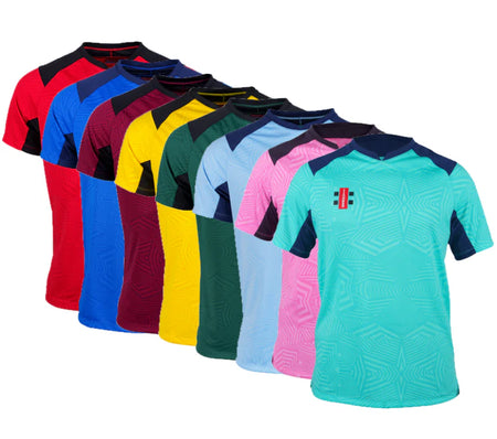 Twelve Gray Nicolls Pro T20 Match shirts are arranged in a row, each featuring dark collars, shoulder accents, and geometric patterns—ideal for showcasing your club logo on these vibrant Gray Nicolls cricket shirts.