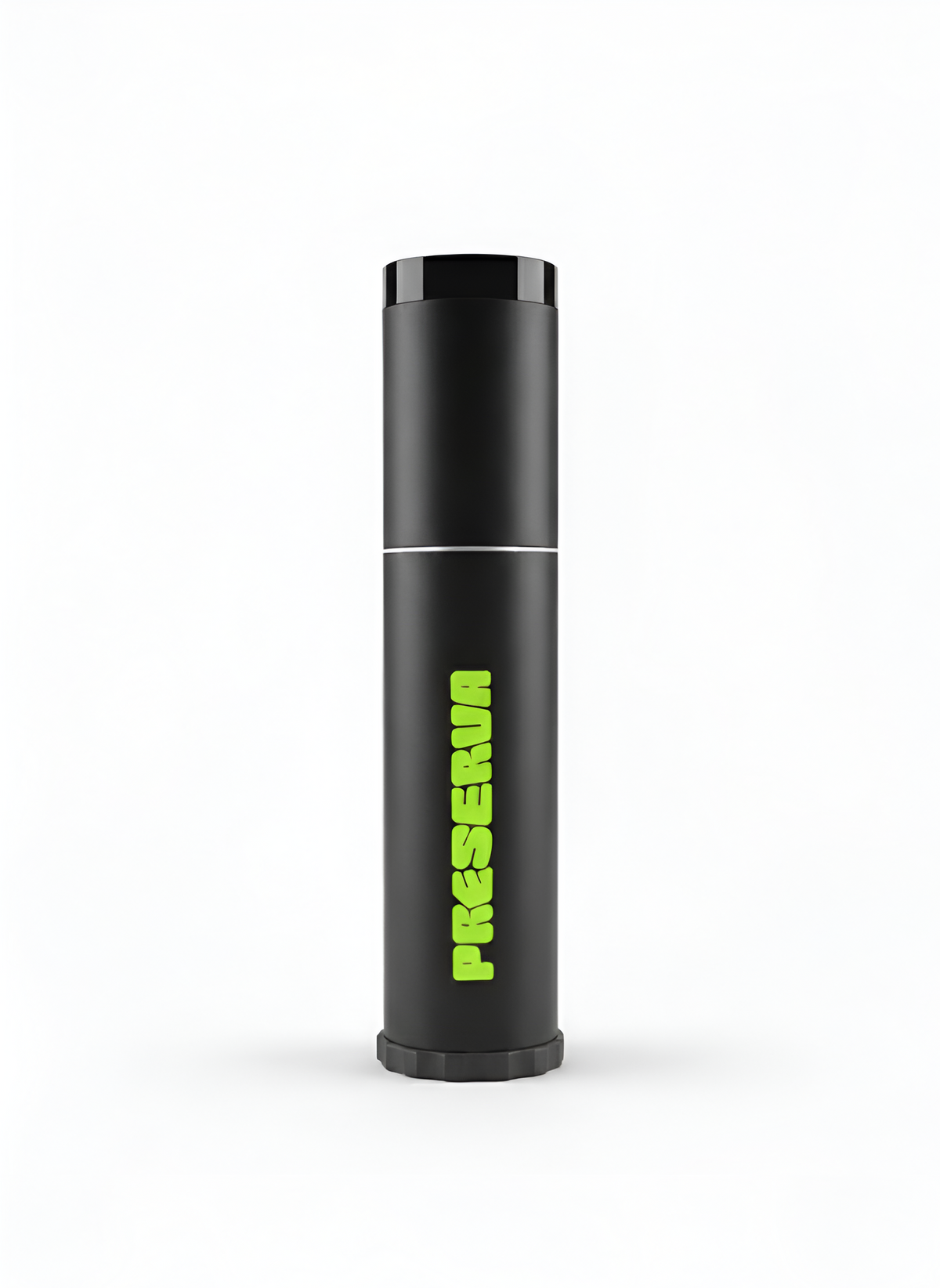 The Preserva Rechargeable Tennis Ball Pressuriser is a tall, black cylinder with a shiny black cap. "PRESERVA" is printed vertically in bold, bright green letters on the front. The product is shown against a plain white background.