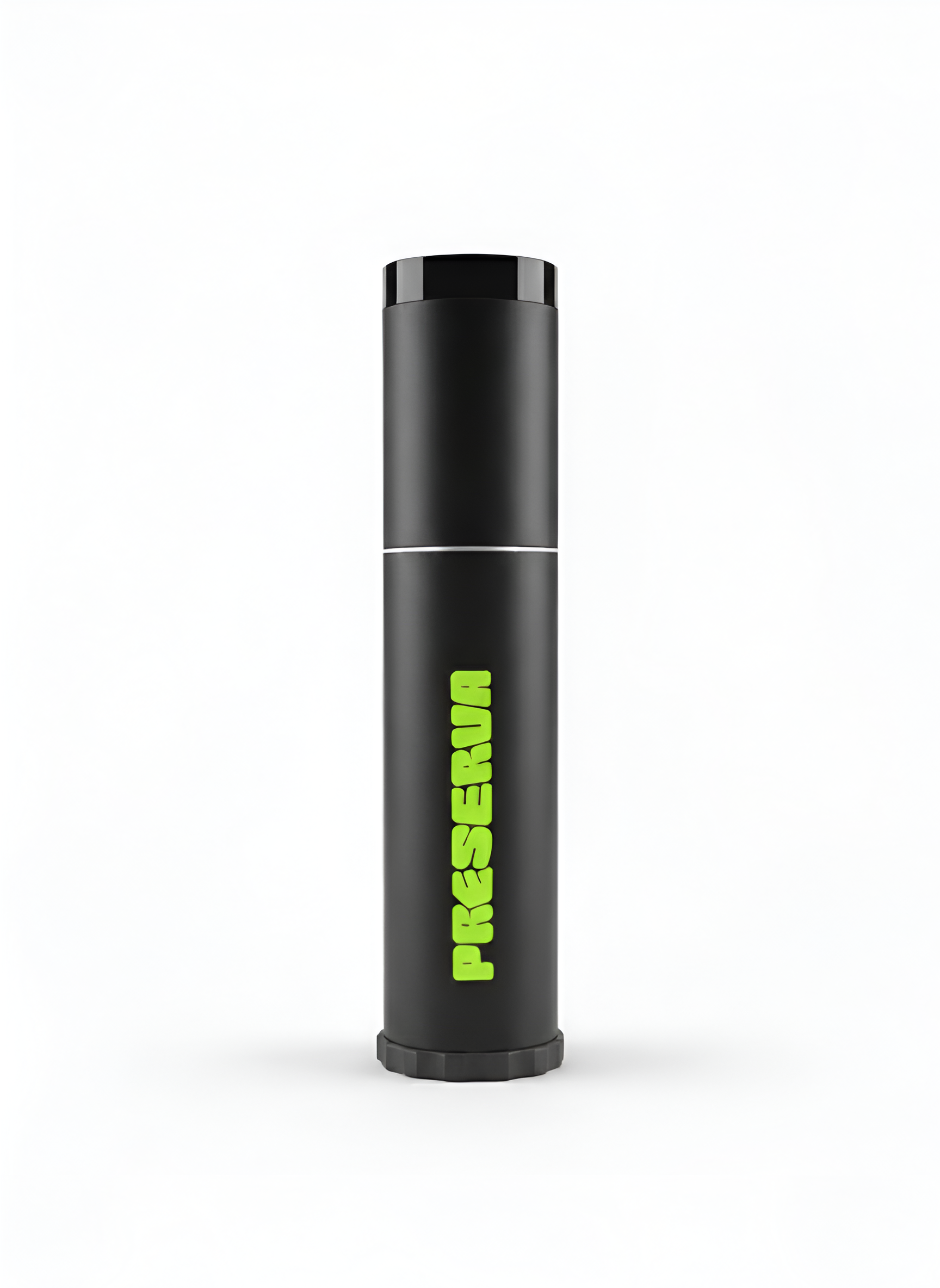 The Preserva Rechargeable Tennis Ball Pressuriser is a tall, black cylinder with a shiny black cap. "PRESERVA" is printed vertically in bold, bright green letters on the front. The product is shown against a plain white background.