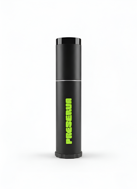 The Preserva Rechargeable Tennis Ball Pressuriser is a tall, black cylinder with a shiny black cap. "PRESERVA" is printed vertically in bold, bright green letters on the front. The product is shown against a plain white background.