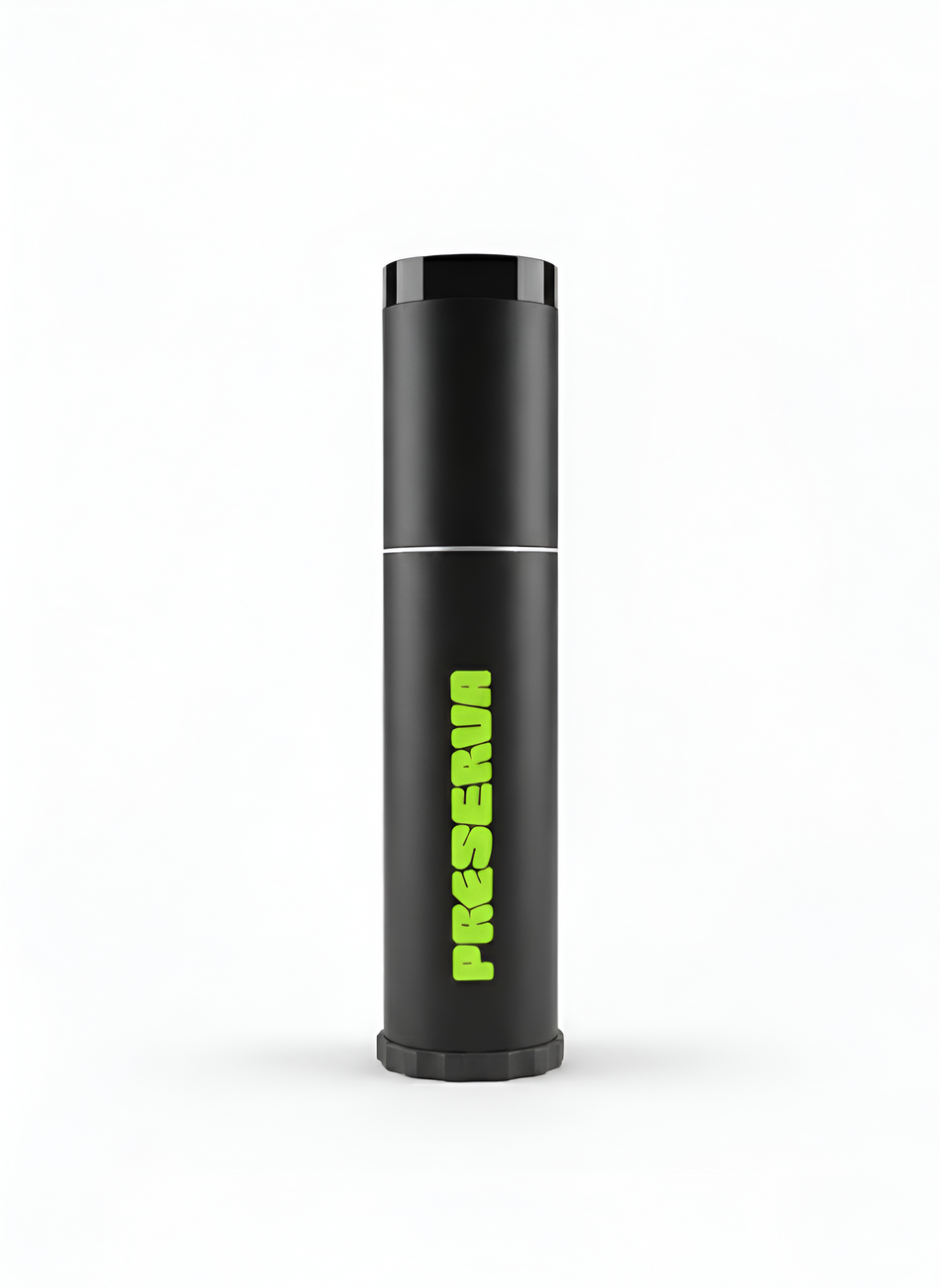 The Preserva Rechargeable Tennis Ball Pressuriser is a tall, black cylinder with a shiny black cap. "PRESERVA" is printed vertically in bold, bright green letters on the front. The product is shown against a plain white background.