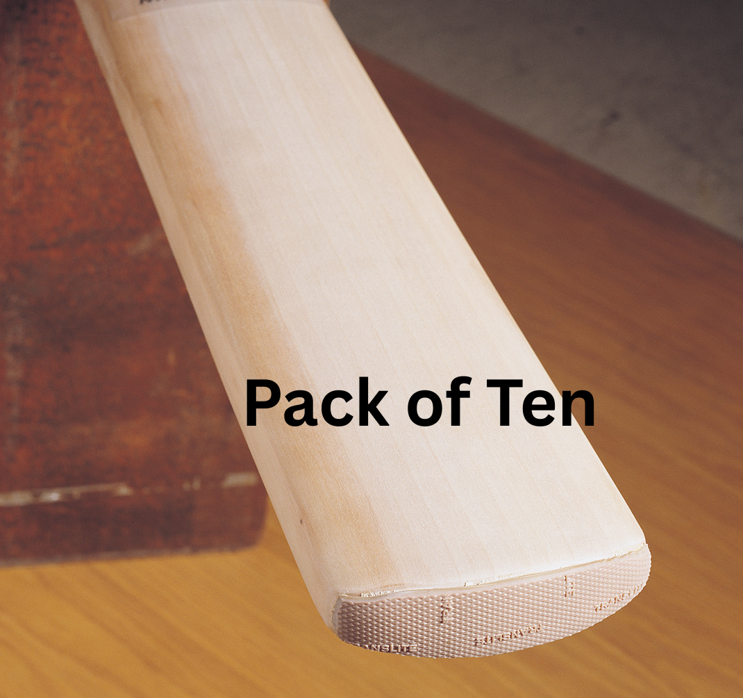 A close-up of a Gray Nicolls cricket bat featuring the Gray-Nicolls Protectoe toe guard, resting on a surface with "Pack of Ten" displayed across the center.