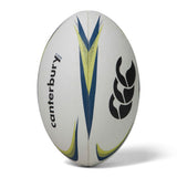 The Canterbury Mentre Rugby Ball by Canterbury features a white, lime, and blue design with the brand logo printed on the surface. Built for enhanced grip and durability, it’s ideal for practice sessions.