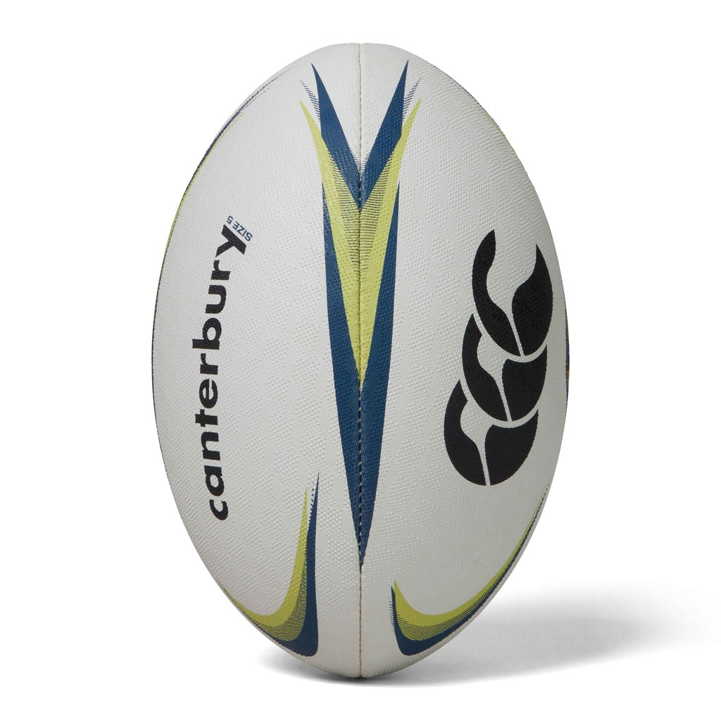 The Canterbury Mentre Rugby Ball by Canterbury features a white, lime, and blue design with the brand logo printed on the surface. Built for enhanced grip and durability, it’s ideal for practice sessions.