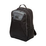 The Canterbury Classic Backpack by Canterbury, in black, features a padded laptop pocket, front zip pocket, mesh side pocket, ergonomic straps, a top handle, and gray accents; shown on a white background.