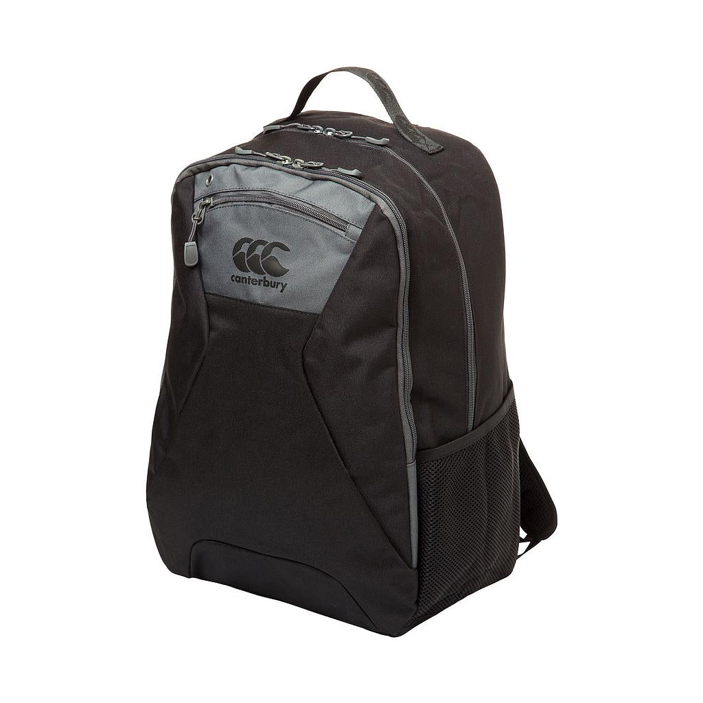 The Canterbury Classic Backpack by Canterbury, in black, features a padded laptop pocket, front zip pocket, mesh side pocket, ergonomic straps, a top handle, and gray accents; shown on a white background.