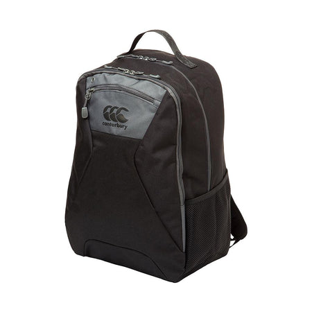 The Canterbury Classic Backpack by Canterbury, in black, features a padded laptop pocket, front zip pocket, mesh side pocket, ergonomic straps, a top handle, and gray accents; shown on a white background.