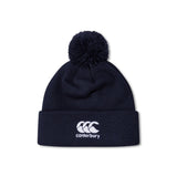 The Canterbury Club Bobble Hat by Canterbury is a navy fleece-lined hat with a pom-pom, folded brim, and white embroidered logo on the front—an ideal winter accessory.