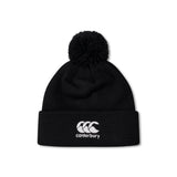 The Canterbury Club Bobble Hat by Canterbury is a black fleece-lined hat featuring a pom-pom, folded brim, and white embroidered logo—your perfect winter go-to.