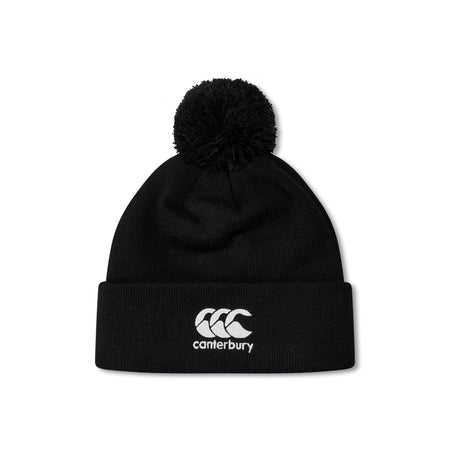The Canterbury Club Bobble Hat by Canterbury is a black fleece-lined hat featuring a pom-pom, folded brim, and white embroidered logo—your perfect winter go-to.