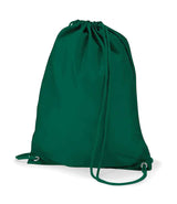 The Quadra Gymsac by Quadra in bottle green features matching drawstrings and reinforced corners with metal grommets, shown upright against a white background.